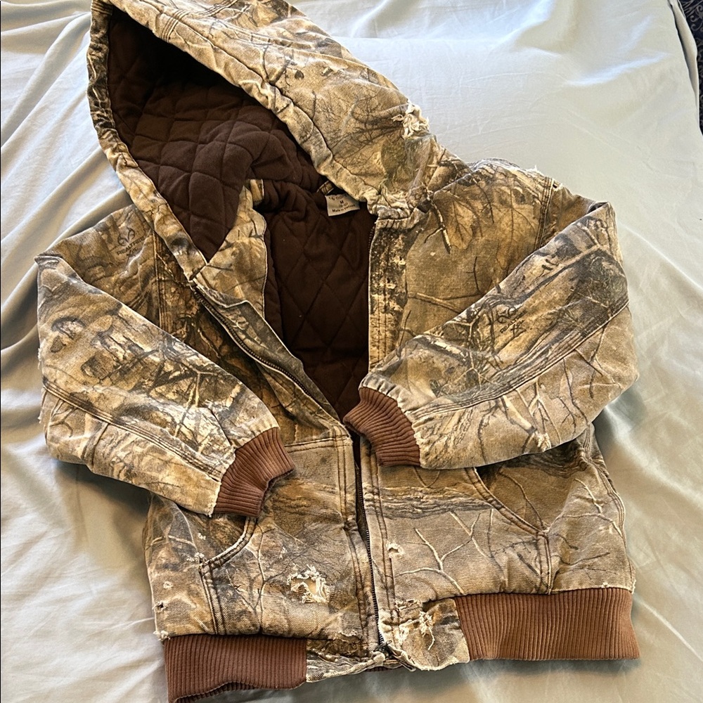 Vintage Distressed Carhartt Camo Brown Gray Quilted Insulated Duck Canvas Jacket